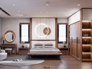 Không gian phòng ngủ hiện đại được làm từ gỗ Óc Chó