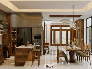 Không gian nhà bếp làm bằng gỗ Óc Chó nhập khẩu từ Nam Phi