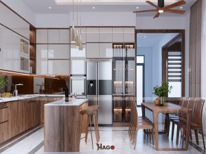 Không gian bếp chữ L kết hợp bàn đảo