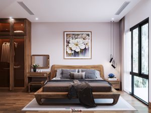 đèn thả trần phòng ngủ đặt đầu giường gỗ óc chó