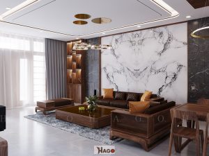 Bài trí sofa gỗ óc chó phòng khách hợp phong thủy